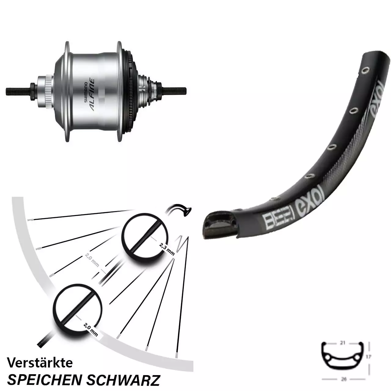 Hinterrad 27,5 Zoll Exal BE 21 Schwarz Shimano Alfine Silbern 11-Gang 1 Hinterrad 27,5 Zoll Exal BE 21 Schwarz Shimano Alfine Silbern 11-Gang