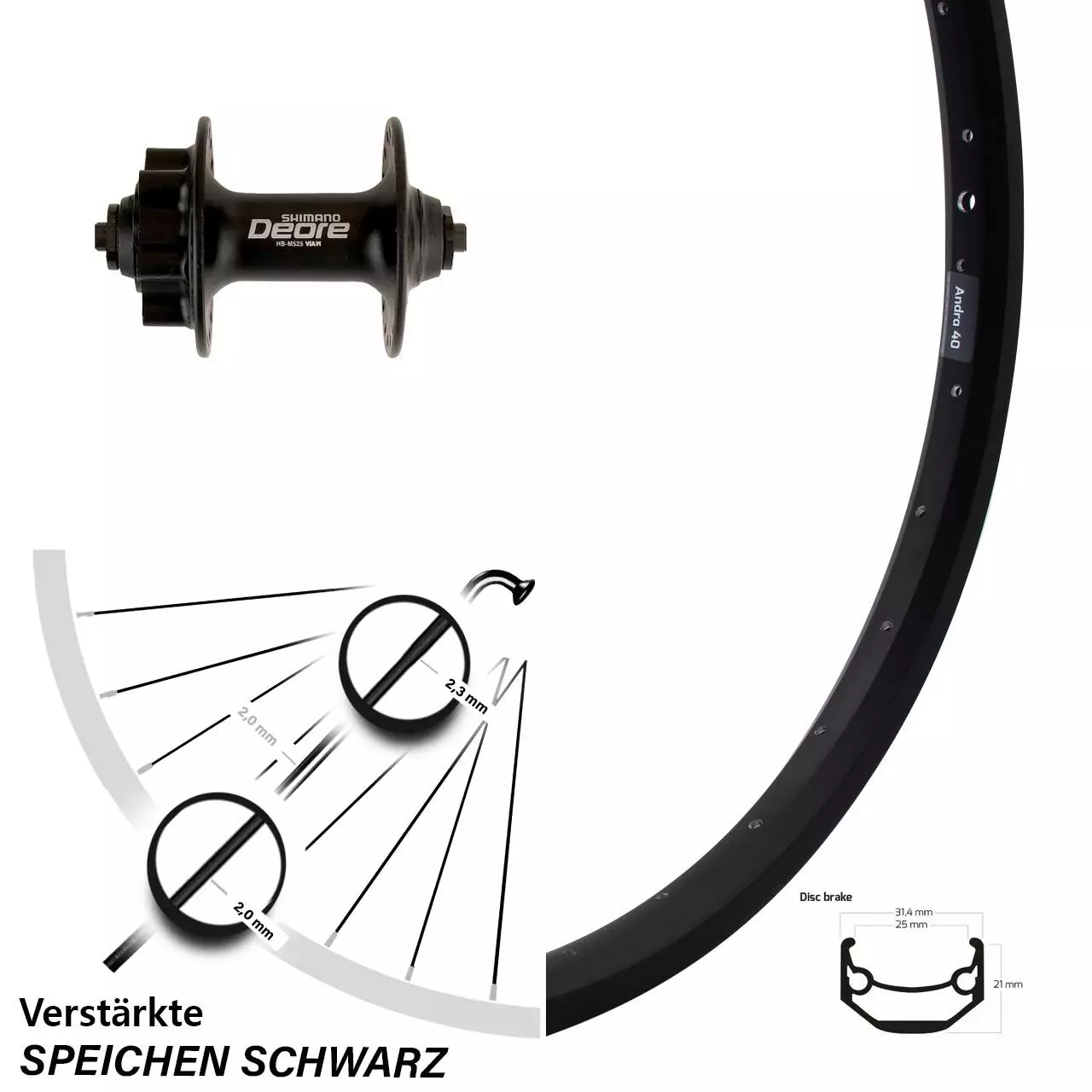 26 Zoll Vorderrad Ryde Andra 40 Disc Mit Shimano Deore HB-M525 Nabe 1 26 Zoll Vorderrad Ryde Andra 40 Disc Mit Shimano Deore HB-M525 Nabe