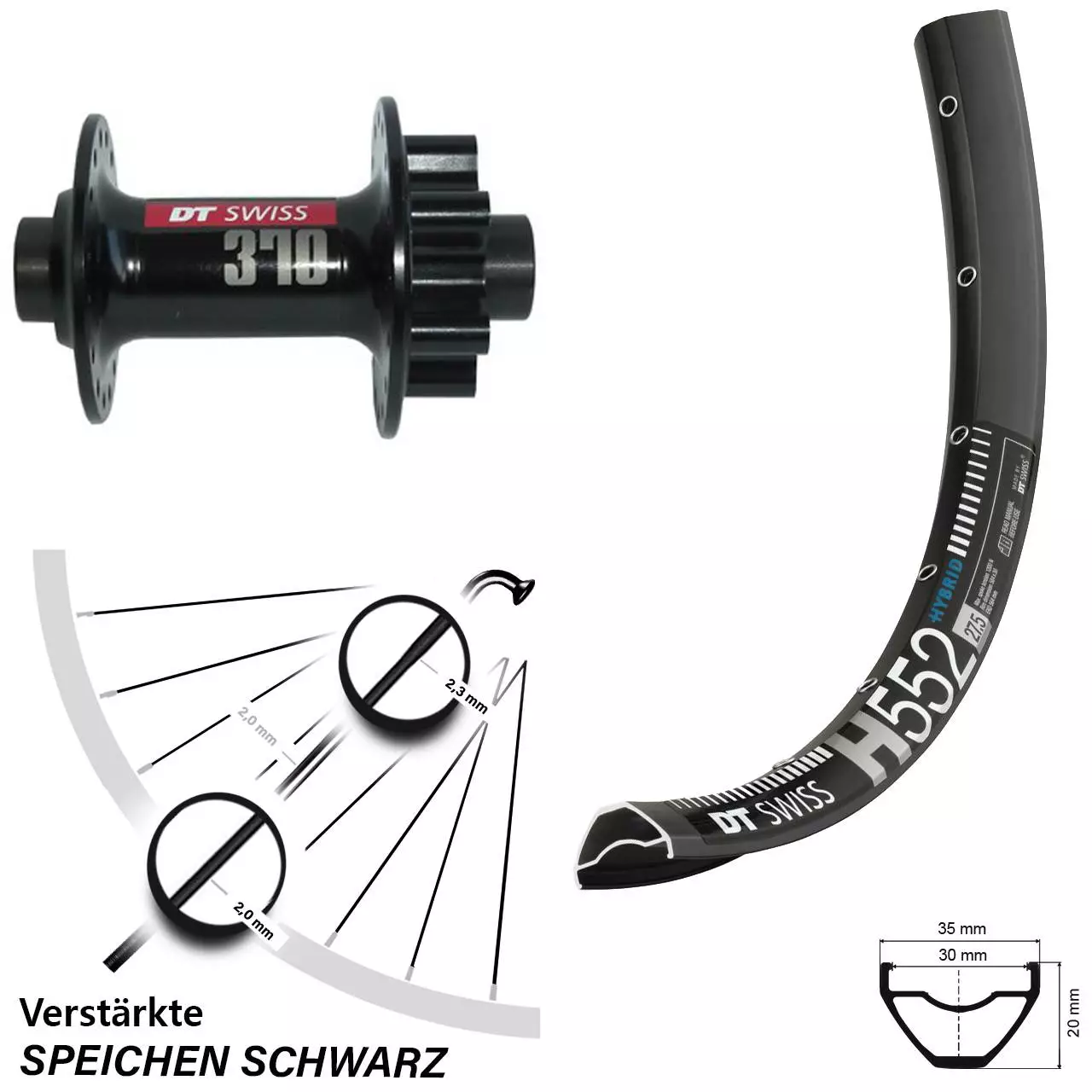 Dt-swiss 27,5 Zoll Vorderrad 370 DT Swiss H 552 Steckachse 15x100 Mm 1 Dt-swiss 27,5 Zoll Vorderrad 370 DT Swiss H 552 Steckachse 15x100 Mm