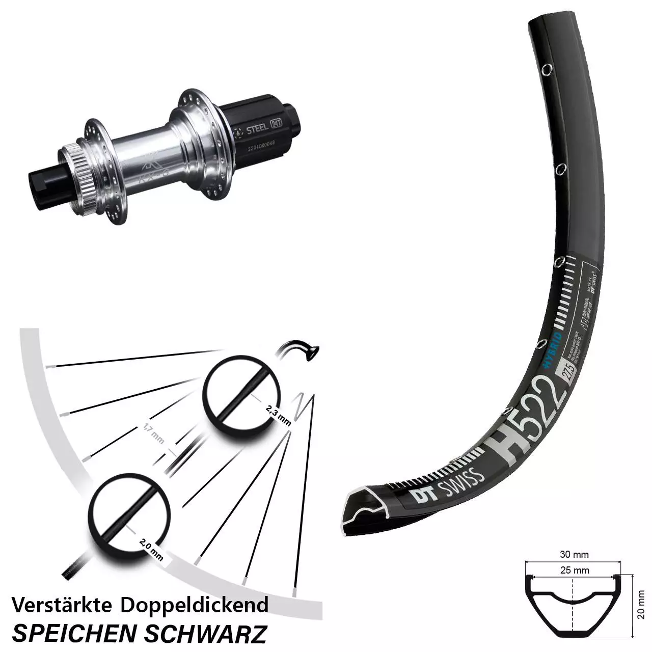 Dt-swiss DT Swiss H 522 Hinterrad 27,5 Zoll KX-GS Centerlock Silbern Eloxiert E-Bike 1 Dt-swiss DT Swiss H 522 Hinterrad 27,5 Zoll KX-GS Centerlock Silbern Eloxiert E-Bike
