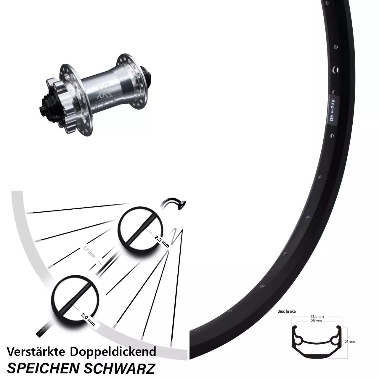 26 Zoll Vorderrad Ryde Andra 40 Disc Mit KX-E Nabe Silbern 5x100 Mm 6-loch 1 26 Zoll Vorderrad Ryde Andra 40 Disc Mit KX-E Nabe Silbern 5x100 Mm 6-loch