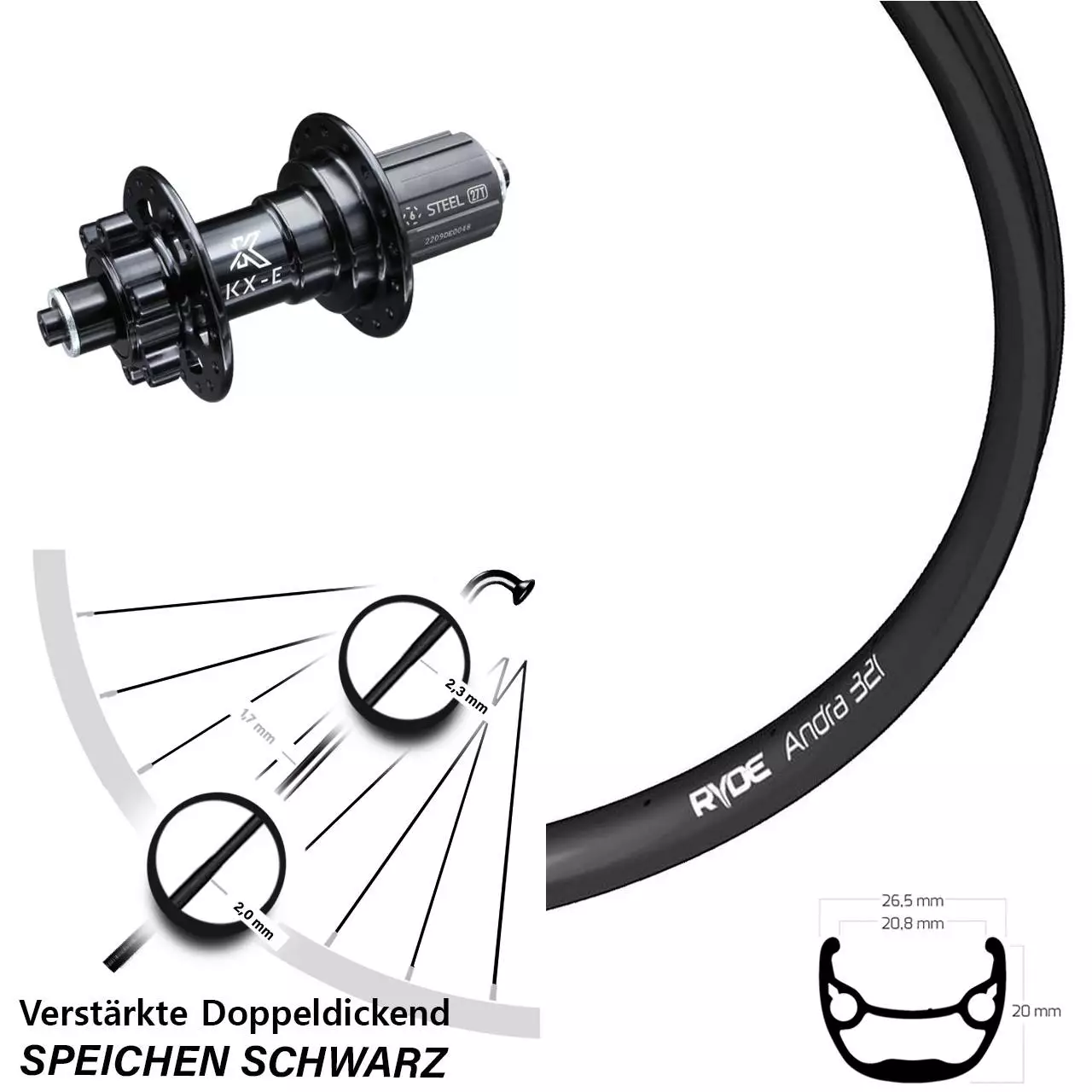 Ryde Andra 321 Hinteres Rad 28-29 Zoll E-Bike KX-E Nabe 5/135 Mm Schnellspanner 11-fach 1 Ryde Andra 321 Hinteres Rad 28-29 Zoll E-Bike KX-E Nabe 5/135 Mm Schnellspanner 11-fach