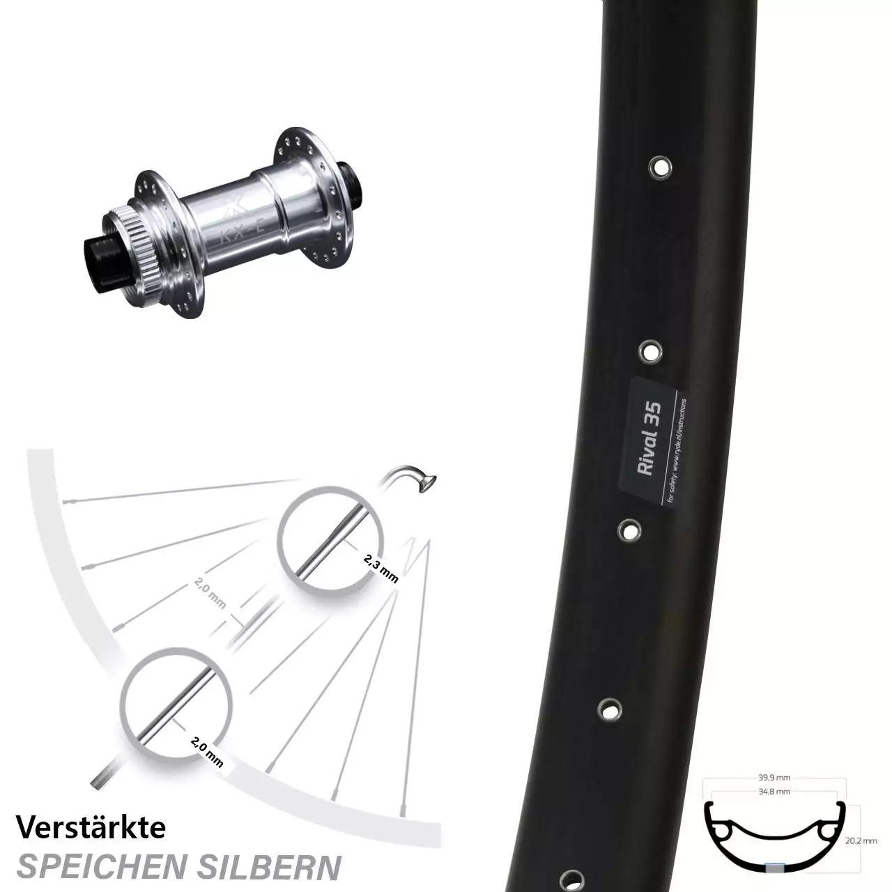 Breites Vorderrad Ryde Rival 35 Disc KX-E Nabe Silbern Eloxiert Verstärkt Centerlock 1 Breites Vorderrad Ryde Rival 35 Disc KX-E Nabe Silbern Eloxiert Verstärkt Centerlock