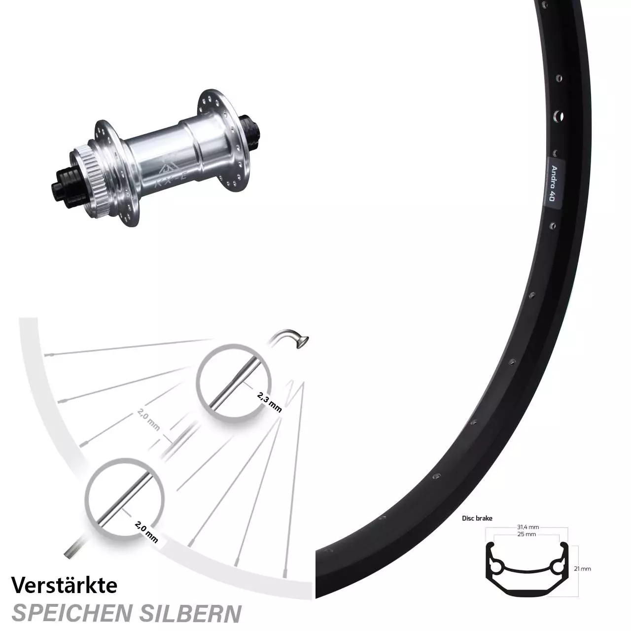 KX-E Nabe Silbern Eloxiert Ryde Andra 40 Disc Vorderrad 27,5 Zoll Verstärkt 1 KX-E Nabe Silbern Eloxiert Ryde Andra 40 Disc Vorderrad 27,5 Zoll Verstärkt