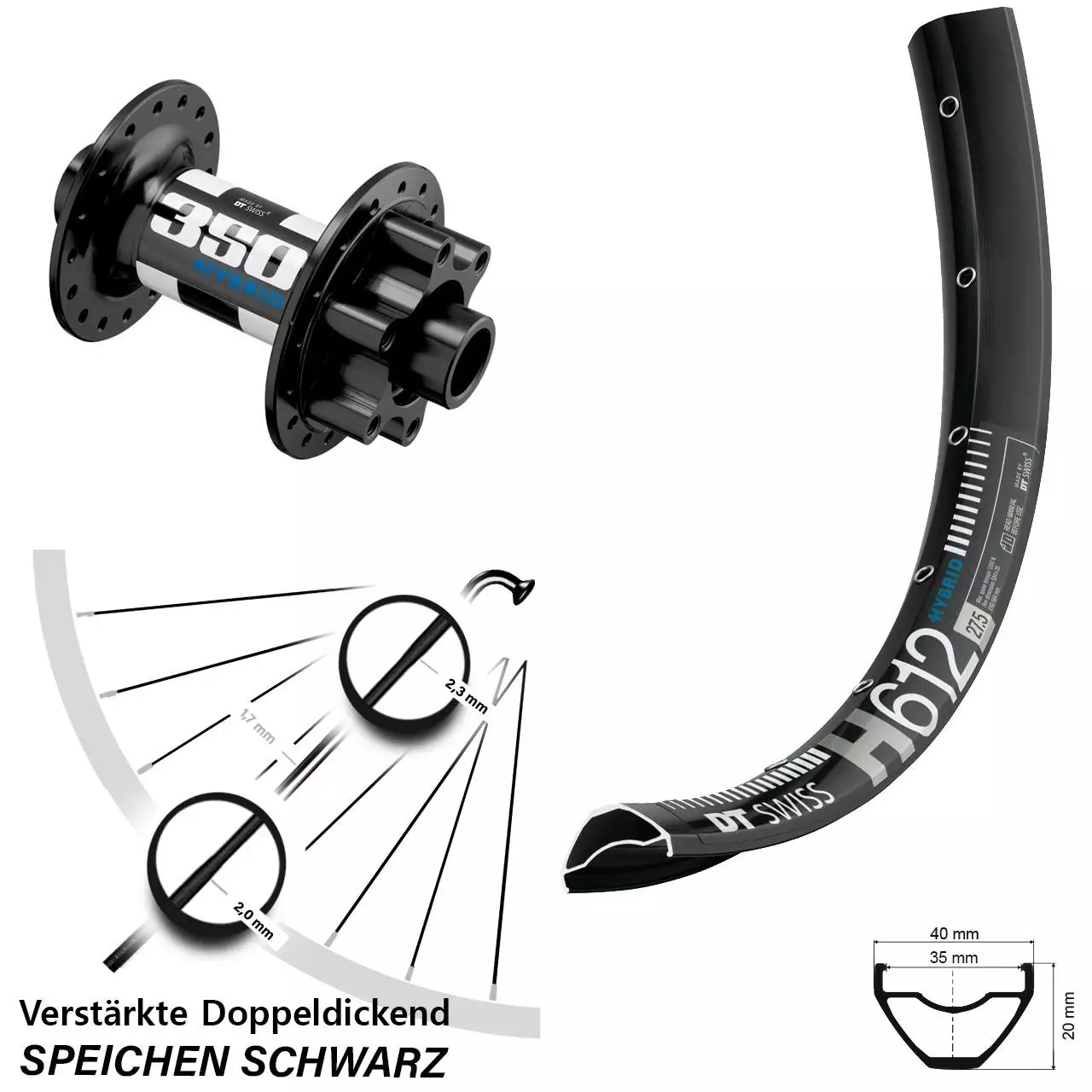 Dt-swiss Breites Vorderrad 27,5 Zoll Verstärkt H 612 DT Swiss 350 Hybrid 15x100 Mm 6-loch 1 Dt-swiss Breites Vorderrad 27,5 Zoll Verstärkt H 612 DT Swiss 350 Hybrid 15x100 Mm 6-loch